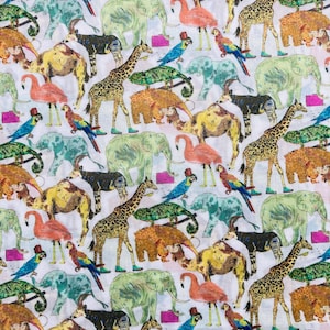 May include: White fabric with a repeating pattern of various animals, including giraffes, elephants, parrots, flamingos, and camels. The animals are in shades of brown, green, blue, and pink, with some wearing hats. The background is white.