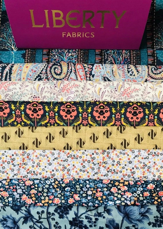 Liberty Tana Lawn ‘Blue and Gold’  Fabric bundle. 8 pieces of 6”x 9” Quality Lawns