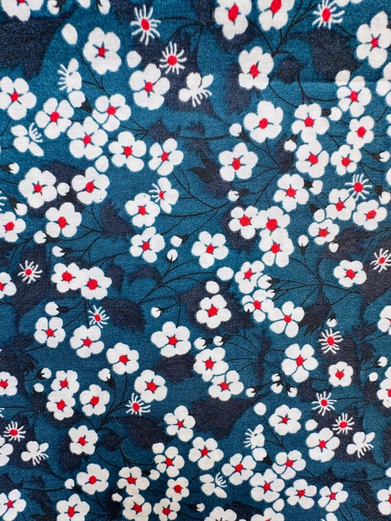 Mitsi, A Beautiful Petrol Blue, Red and White Liberty Tana Lawn Fabric. 13”x 9” Crafting and Patchwork.