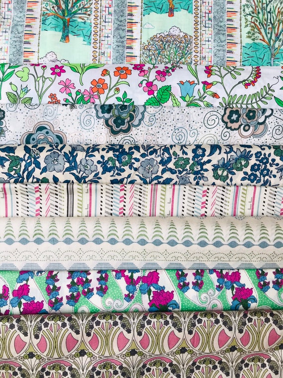 Gentle Greens, Liberty Tana Lawn,  Scrap Pack. 8 pieces, 6”x 9” containing new and old Quality, Classic and discontinued fabrics.