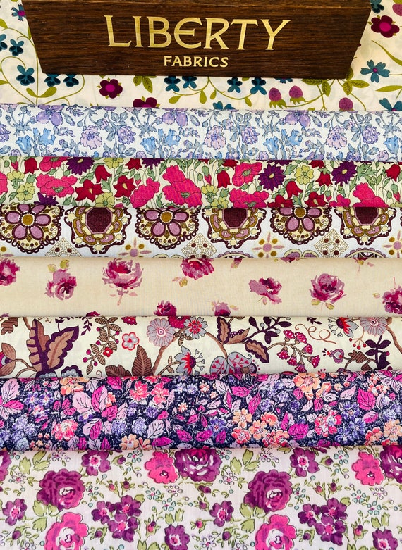 Discontinued Liberty Tana Lawn ‘Pretty Purples’ fabric pack. 8 pieces 6”x 9”.