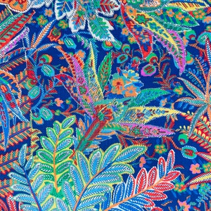 May include: A vibrant textile featuring a dense pattern of stylized leaves and floral elements in a rich palette of colors. The design includes shades of blue, green, orange, red, and yellow, creating a lively and intricate botanical print.