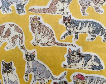 Willoughby Mews, niet meer leverbaar, geel, nieuwe stof, afbeelding van katten. Liberty Tana-gazon 13 x 9 inch