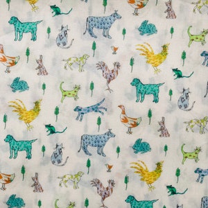 May include: A white fabric with a repeating pattern of various animals, including chickens, cows, dogs, cats, and rabbits. The animals are drawn in a whimsical style with bright colors and details.