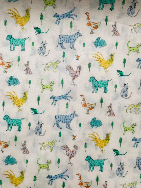 Novelty Green and Yellow Liberty Tana Lawn Fabric ‘Farmyard Tails’, 13”x 9” #Adele