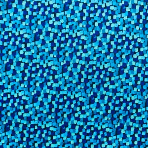 May include: A close-up of a fabric with a repeating pattern of small, irregular squares. The squares are in shades of blue, ranging from light turquoise to deep navy, creating a textured, mosaic-like effect. The overall design is abstract and visually dynamic.