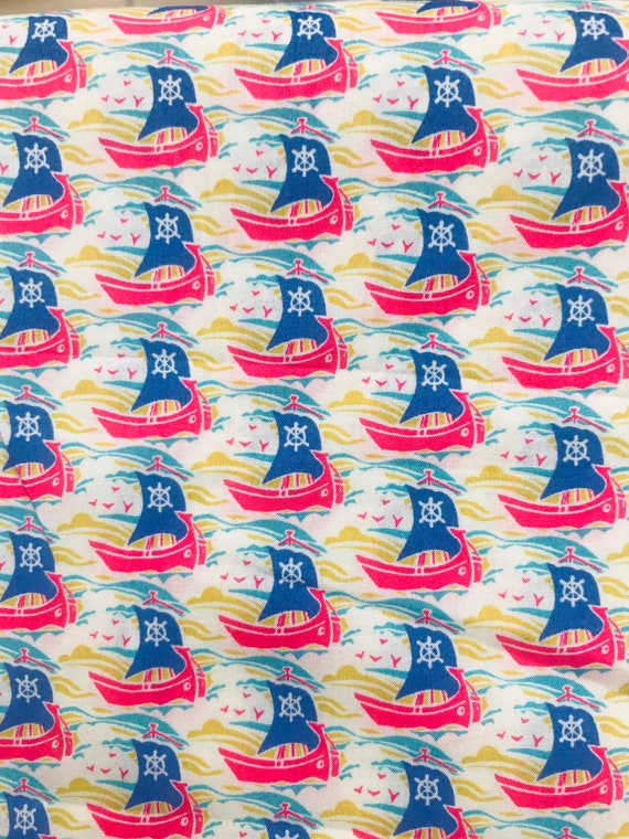 Liberty Tana Lawn Fabric Red/Orange Ships boats ‘Samols’ 13”x 9”