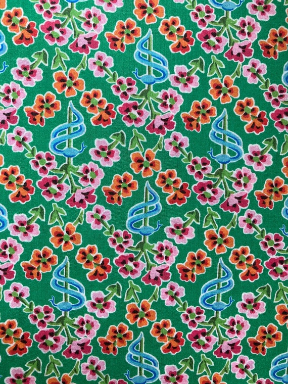 A Lovely Green and Orange ‘Floral Serpent’ Liberty Tana Lawn 13”x 9” Fabric. Free worldwide postage