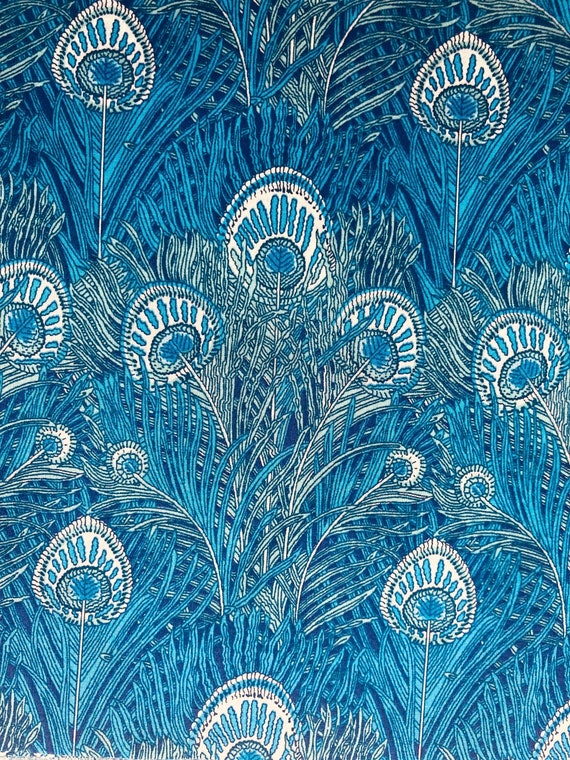A Beautiful Liberty Tana Lawn Blue and Green ‘Peacock Feather’ Design Cut To A Generous 13”x 9” Free International Shipping
