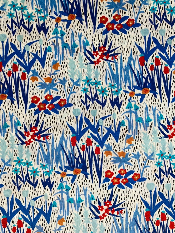 A Beautiful Blue And Red ‘April Showers’ Liberty Tana Lawn 13”x 9” Crafting Patchwork