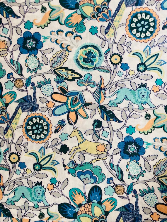 A lovely discontinued turquoise and peach ‘Mythical Forest’, Liberty Tana Lawn 40 x 50cm Patchwork Crafting