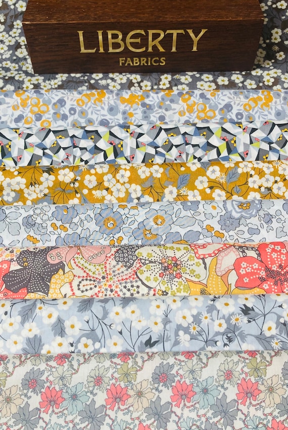 Liberty Tana Lawn, ‘A Taste Of Honey’, Fabric Pack. This Mustard and Grey bundle contains 8 pieces cut to a generous 6 x 9”.
