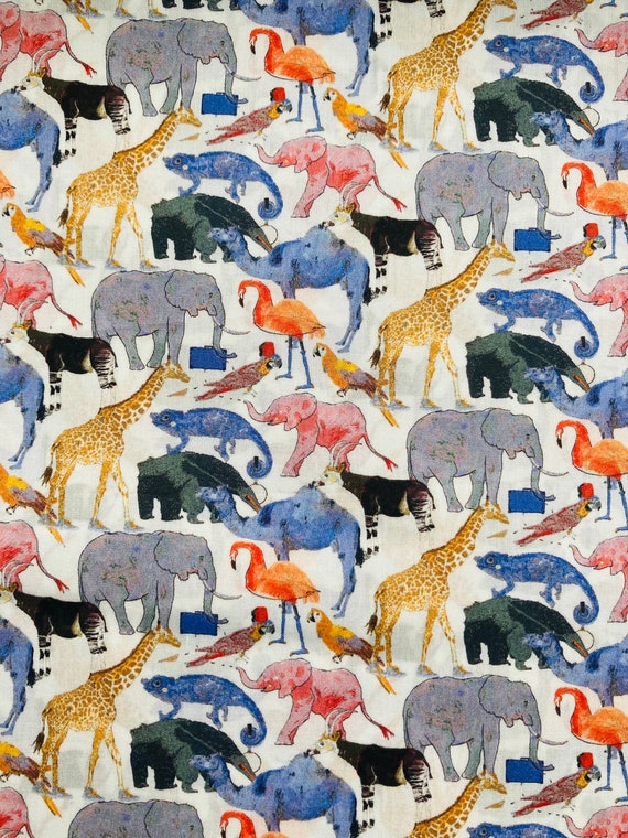 A popular Blue and Orange, novelty ‘Queue for the Zoo’ Liberty Tana Lawn 40 x 50cm Patchwork Crafting