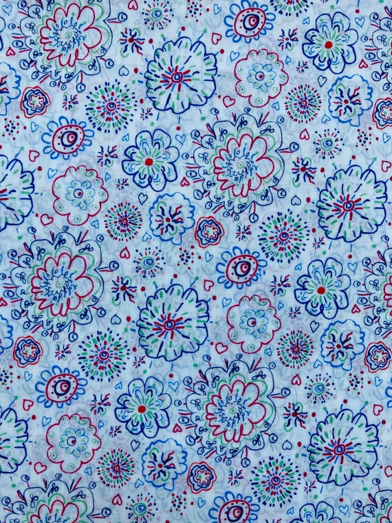 A Pretty White, Blue and Red Liberty Tana Lawn 40 x 50 cm fabric ‘Flowery Meadow’ cotton