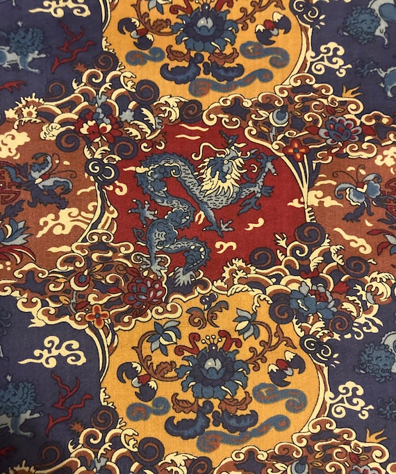 A very unusual vintage 1980’s blue and gold, oriental style Liberty Tana Lawn, Dog and Dragon. 40 x 50cm Patchwork Crafting