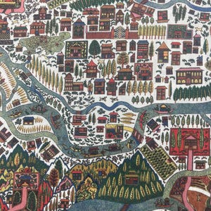 May include: A detailed, colorful illustration of a town with buildings, trees, and a river. The artwork features a variety of architectural styles and is rendered in shades of red, green, brown, and blue. The image has a vintage, hand-drawn aesthetic.