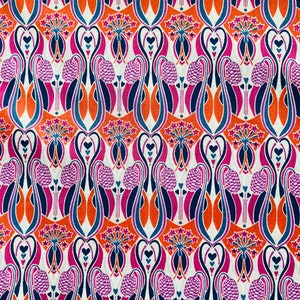 May include: A repeating pattern of stylized flowers in shades of orange, pink, blue, and white on a cream background.