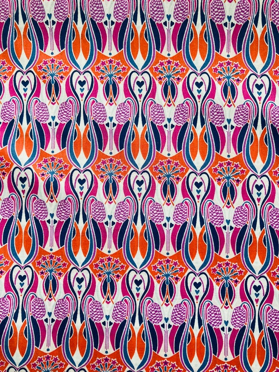A Beautiful Purple And Orange Art Nouveau effect ‘Unknown’ Liberty Tana Lawn 13”x 9” Crafting Patchwork