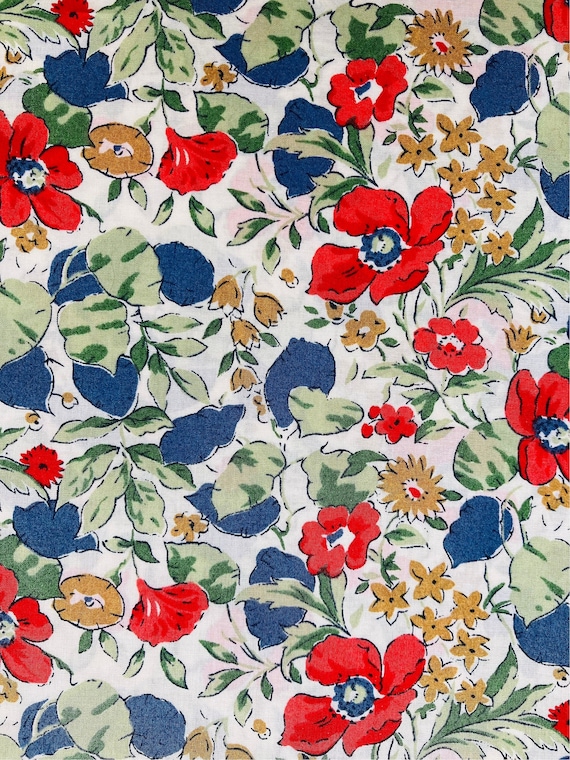Liberty Tana Lawn Red and Blue ‘Poppy and Honesty’ 13”x 9” Vintage, colourway