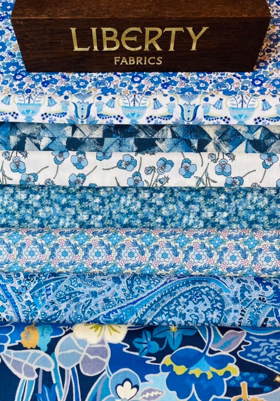 Liberty Tana Lawn ‘Blue Reflections’  Fabric bundle. 8 pieces of 6”x 9” Quality Lawns