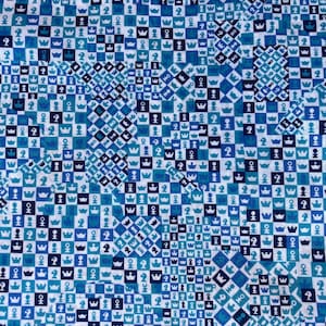 May include: A white fabric with a repeating pattern of blue and white squares. The squares contain various symbols, including crowns, question marks, and other geometric shapes.