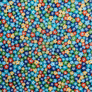Puede incluir: Una tela azul oscuro con un patrón repetitivo de pequeñas flores de colores. Las flores son en tonos de rojo, amarillo, azul y verde.