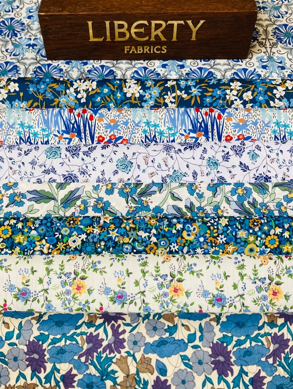Liberty Tana Lawn ‘Blue Yonder’ Fabric bundle. 8 pieces of 6”x 9” Quality Lawns