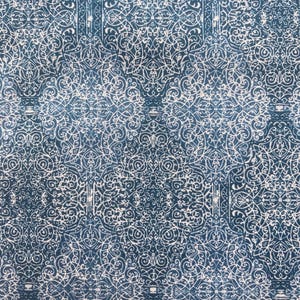 May include: A detailed, repeating pattern in shades of blue and white. The design features intricate, swirling lines and floral-like motifs, creating a textured, ornamental appearance. The overall aesthetic suggests a vintage or antique textile design.