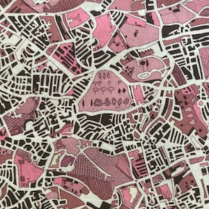 May include: A pink and brown patterned fabric with a map-like design. The fabric features a variety of shapes and lines, creating a complex and intricate pattern.