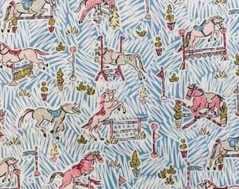 Gymkhana, A Novelty Horse Design of Liberty Tana Lawn. This is a Blue and Pink colourway/2019 cut to a generous 13 x 9”