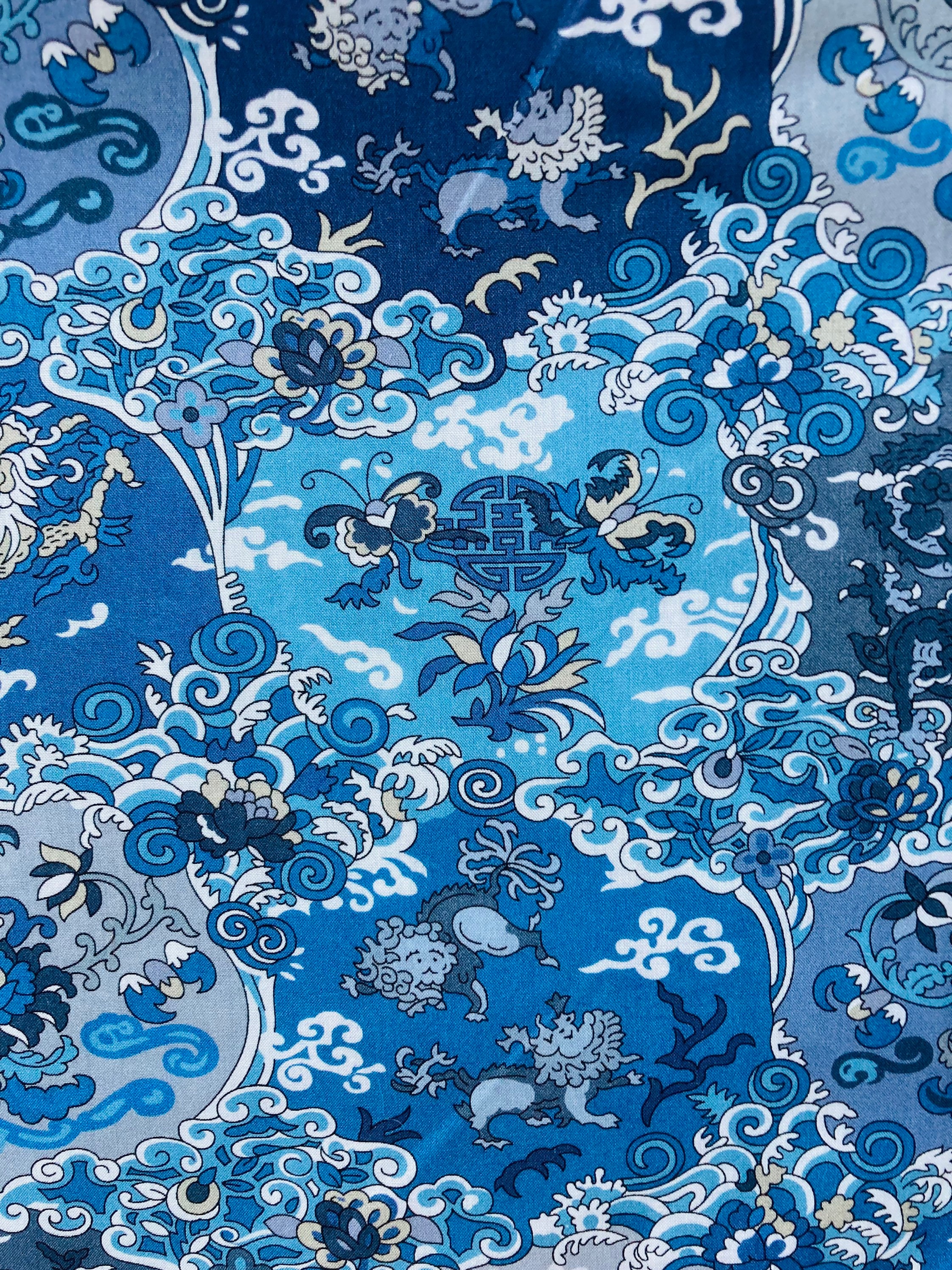 A lovely blue 'Dog and Dragon' Liberty Tana Lawn 40 x 50cm
