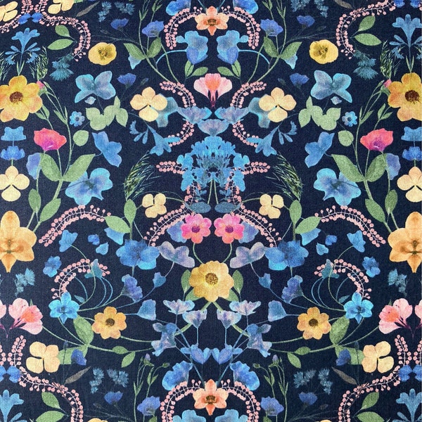 A Beautiful Navy Blue And Pink ‘Aurora’ Liberty Tana Lawn 13”x 9” Crafting Patchwork