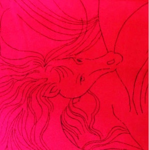 May include: A black line drawing of a horse's head and mane on a bright pink background.