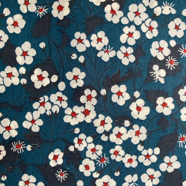 A Beautiful Petrol Blue, Red and White ‘Mitsi’ Liberty Tana Lawn 13”x 9” Crafting Patchwork