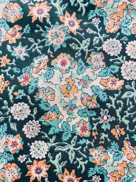 An unusual vintage unnamed green and peach Liberty Tana Lawn 40 x 50cm Patchwork Crafting