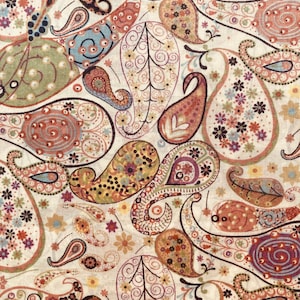 May include: A paisley patterned fabric with a cream background and brown, red, green, and purple paisley shapes.