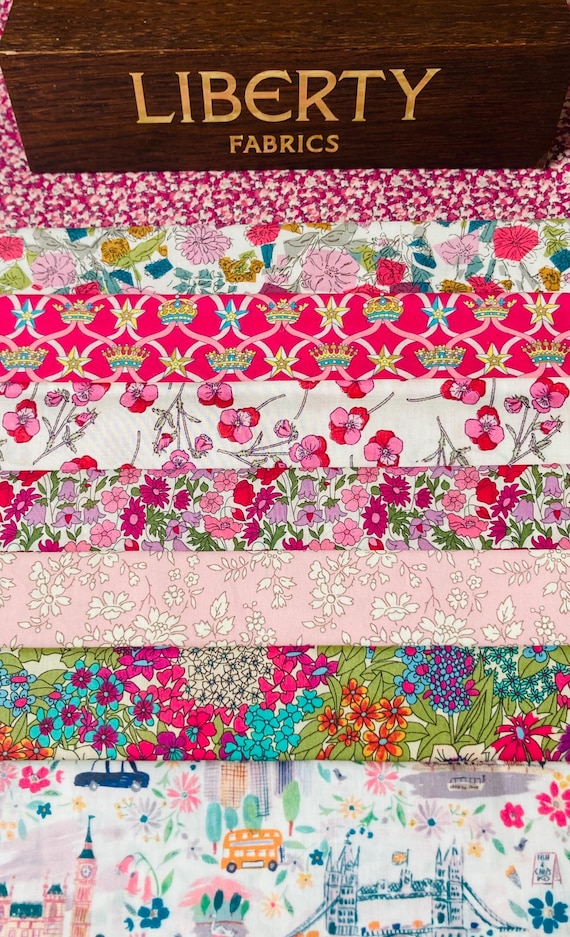 A Beautiful new pink ‘Rose Queen’ fabric pack. These lovely Liberty Tana Lawn cottons are cut to a generous 6”x 9”. Free International Post