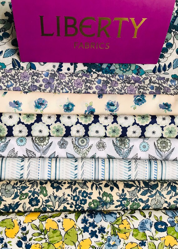 Liberty Tana Lawn Fabric, ‘Blue Bunches’, 8 pieces cut to a generous 6"x 9".