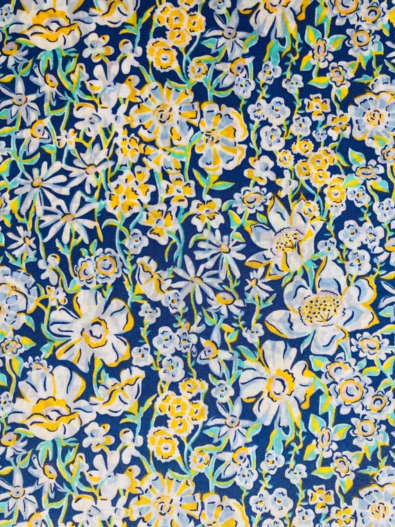 A beautiful Collectors Corner Liberty Tana Lawn Blue and Yellow ‘White Garden’ fabric 12 x 9” Patchwork Crafting