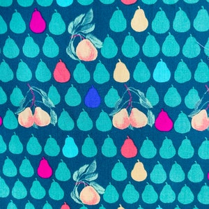 May include: Teal fabric with a repeating pattern of pears in various colors, including pink, blue, yellow, and orange. The pears are arranged in a grid pattern.
