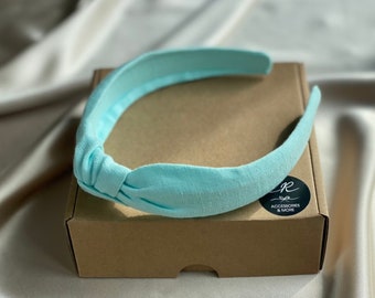 Kids Knotted Linen Headband Mint. Beautiful and elegant, lightly padded top knot. Trendy girl hair accessory, hairband. Elegant gift box.
