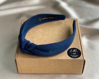 Narrow Knotted Linen Headband Dark blue. Soft and elegant, lightly padded top knot. Trendy girl hair accessory, hairband. Elegant gift box.