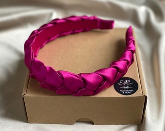 Narrow braided satin headband Fuchsia. Braided Thick Headbands. Satin Headbands. Crown Headband. Rita Ora Headband. Gossip girl hair. Gift.