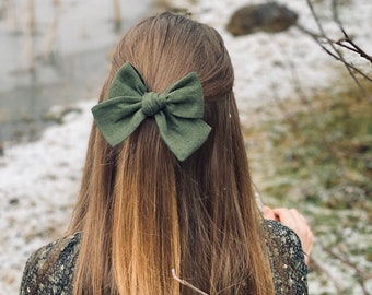 Large linen hair bow on French barrette clip, Forest green color. Classic and elegant women, girls, kids hair accessory. Adorable gift box.