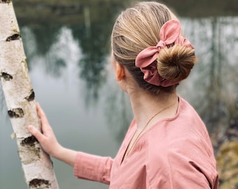 Large linen scrunchie with a cute bow. Old rose color. Elegant and trendy women and girl hair, ponytail, messy bun accessory for daily wear