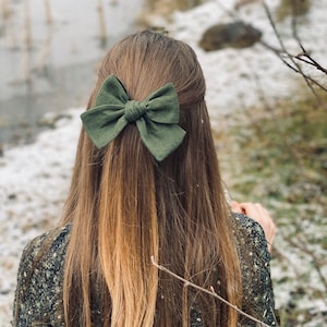 Large Linen Hair Bow, Forest Green Barrette Clip, Gift Box