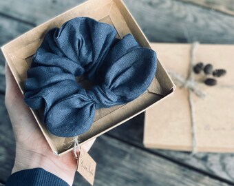 Large linen bunny ear scrunchie. Dark grey color. Extra volume. Trendy pony tail holder, women, girl hair accessory. Feel special every day.
