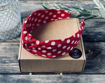 Knotted Headband From Cotton Fabric Classic Red With White Dots. Boho headband. Aliceband. Hairband with polka dots. Wide Tie Knot Headband.