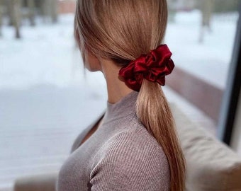 Large, extra volume Satin scrunchie. Deep Red color. Luxury women hair accessory. Gentle ponytail holder, hair tie. Elegant gift box.