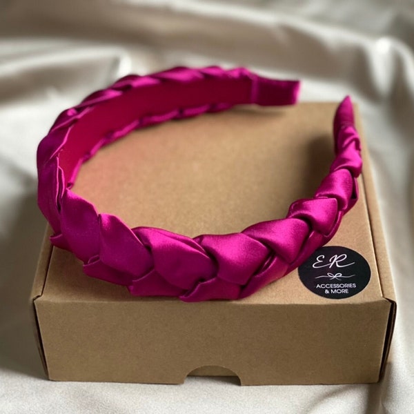 Bandeau étroit en satin tressé Fuchsia. Bandeaux épais tressés. Bandeaux en satin. Bandeau couronne. Rita Ora Bandeau. Gossip cheveux de fille. Cadeau.